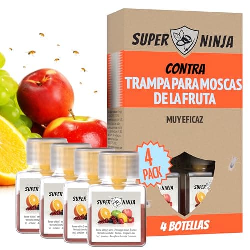 Super Ninja Trampa para Moscas de la Fruta - Pack de 4 atrapamoscas - Trampa ecológica de Alta eficacia para Cocina e Interior - hasta 3 semanas