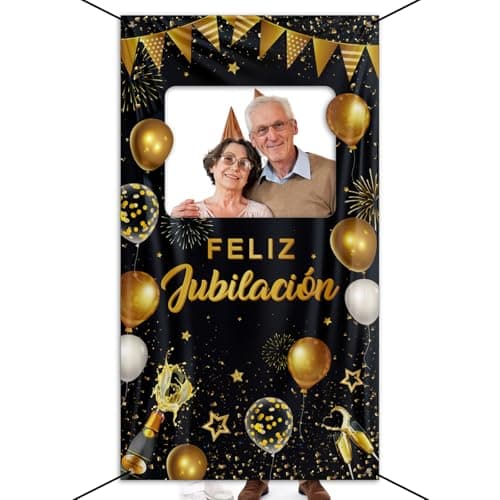GEBETTER Photocall Feliz Jubilación Español, Tela Pancarta 180x100 cm + Cinta 6m, Decoración Fiesta Jubilación Fotocall Fotocol Fotomatón Photo Booth Marco Foto Regalo Jubilados Oro Negro Retirement