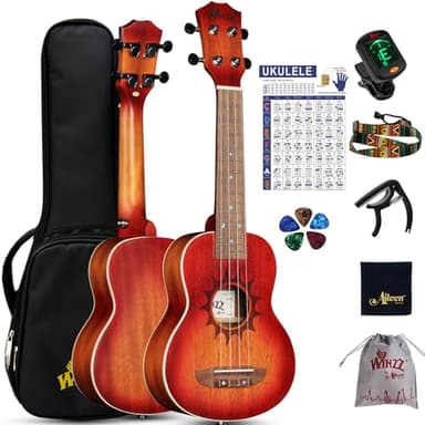 Winzz Ukelele Soprano para Adultos Principiantes, 21 pulgadas Ukelele de Caoba para Niños Kit de Inicio, Único Ukelele Regalos Set, Diseño Único (Cuerdas de Carbono, Mate Sunburst)