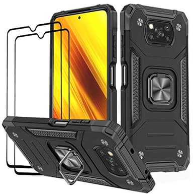 KANSi Funda Compatible con Xiaomi Poco X3 NFC/Poco X3 Pro, Cristal Vidrio Templado [2 Piezas] Capa Anillo iman Soporte Hard PC y Silicona Antigolpes Armor Carcasa - Negro