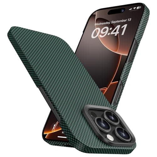 BENKS Funda para iPhone 16 Pro MAX, Compatible MagSafe, Ultra Slim Dupont Kevlar 1000D Fibra de Aramida Magnética Carcasa, Verde Aurora