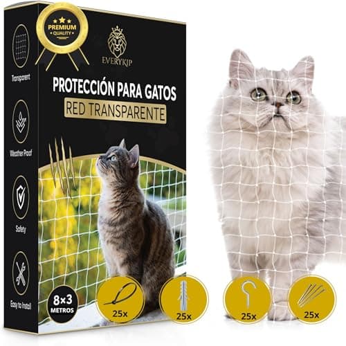 EveryKip® Red para Gatos I 8x3m I Transparente Sin Taladrar I para terraza, balcón y Ventana I Incluye Set de fijación