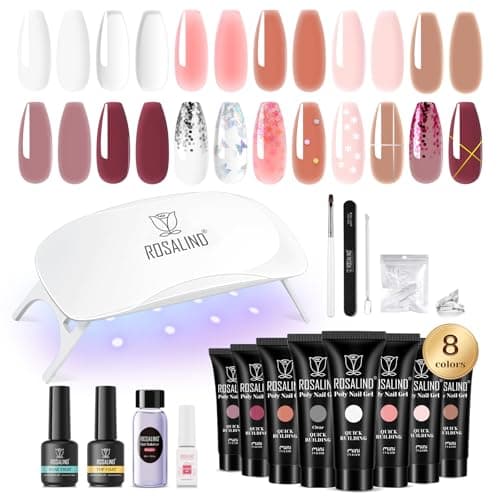 ROSALIND Gel Extensión de Uñas Kit Completo, 8 Colores 10ml Kit Uñas de Gel con UV Lámpara, Base Top Coat y Herramientas de Manicura, Poligel Kit Completo para Principiante en Casa