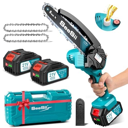 Mini Motosierra Bateria 8000mAh, Seesii 6'' Motosierra Eléctrica Bateria con Depósito Para El Aceite y 2 baterías, Motosierra Inalámbrica Portátil para Podar Árboles de Jardinería