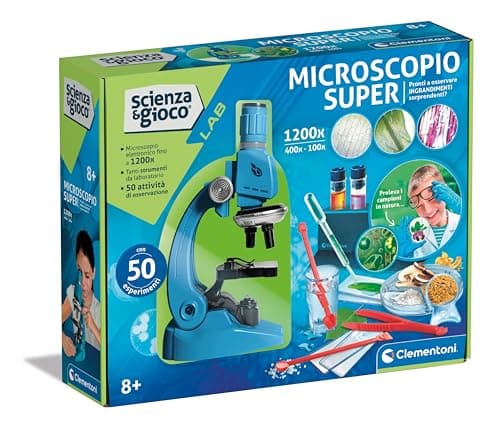 Clementoni Lab Super-Laboratorio con 50 experimentos de Ciencia, microscopio para niños óptico y electrónico 1200X, Juego científico 8 años, en Italiano, 19228, Multicolor