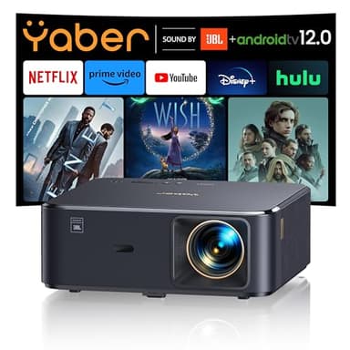 Proyector 4K【Sound by JBL/Google TV/Dolby Audio】 1000ANSI YABER K2s WiFi6 Bluetooth Proyector Full HD 1080P Nativo, Auto Focus/Keystone, Smart Proyector Exterior Cine en Casa con Netflix 7000+ Apps