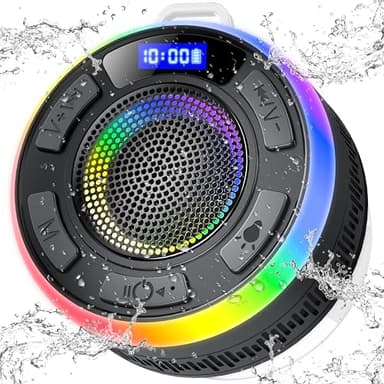 Altavoz Bluetooth Ducha, IP7 Impermeable Altavoz Ducha con Ventosa, Altavoces Inalámbrico Portátil con RGB Luz Colorida, 8 Horas Estéreo, Pantalla LED, USB-C, para Ducha Playa Acampar Hogar Piscina