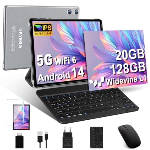 SKYEGG Tablet 10 Pulgadas Android 14 con 20 GB RAM + 128 GB ROM (Ampliable a 1TB), Widevine L1, 5G Wi-Fi 6, GPS, 8 Core, 8 MP + 5 MP, USB-C Tablet con Teclado + Ratón + Funda, Gris Tinta