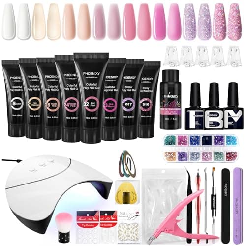 Phoenixy Kit Uñas de Gel, 8 Colores Kit de Extensión de Uñas Gel Completo con 36W U V/LED Lámpara, Kit de Manicura con Capa Base y Capa Superior, Regalos de Nail Art para Principiantes