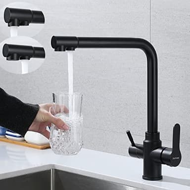 Grifo de cocina Osmosis de 3 vias, Grifo de agua potable con barra doble, Batidor giratorio de 3 en uno a través, 360 ° con 2 salidas, Acero inoxidable SUS304, Mate Negro
