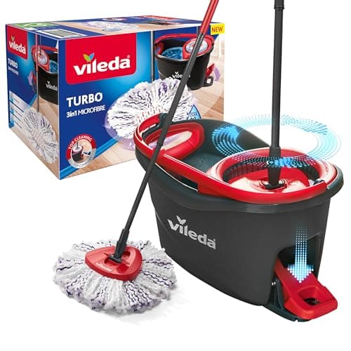 Vileda Turbo 3en1 Mopa de Suelo con escurridor Giratorio y Cubo con Pedal | Mango telescópico 85-123 cm | Cabezal de Microfibra | Sostenible | Love it Clean
