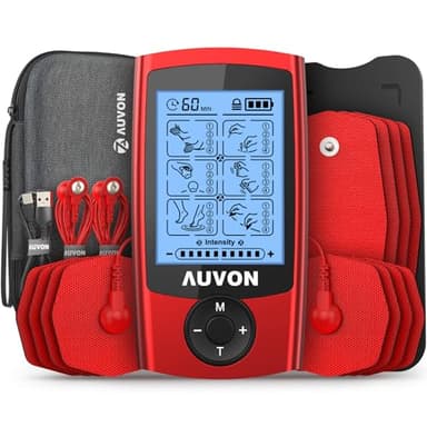 AUVON TENS Electroestimulador con estuche EVA, dispositivo de corriente de estimulación recargable para el tratamiento del dolor con 24 modos, Electroestimulador TENS incluye 12 electrodos, 2 Canales