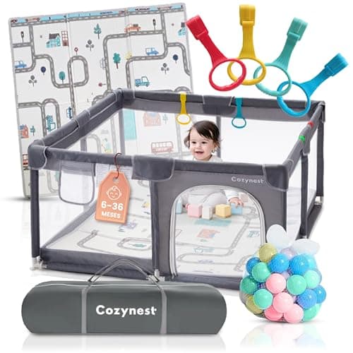 COZYNEST Parque Infantil Bebe 120x120 cm con Alfombra y 30 Bolas de Colores | 4 Agarraderas de Seguridad | Ideal para Niños y Niñas | Corralito bebé antideslizante