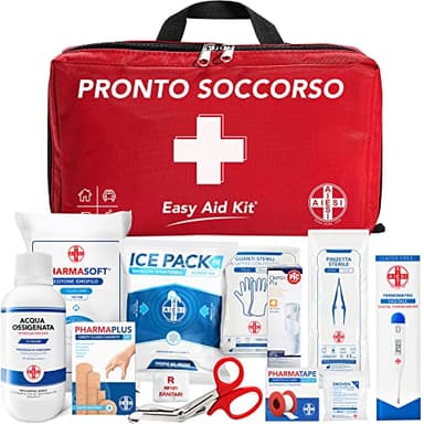 AIESI® Botiquin de Primeros Auxilios profesional para coche casa moto viaje trekking con TERMOMETRO Y DESINFECTANTE, Bolsa de emergencia completa para medicacion EASY AID KIT, Made in Italy