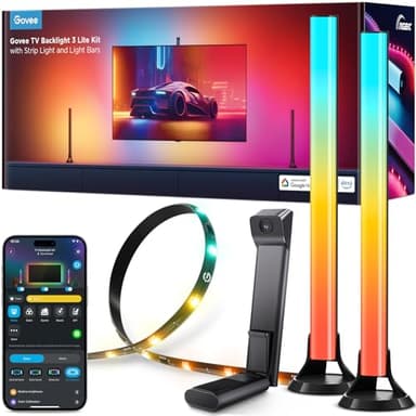 Govee Luces LED TV Retroiluminación 3 Lite Kit, Luces LED para TV de 55 a 65 Pulgadas，Tira de Luz LED RGBICW Wi-Fi TV de 3.6M con Cámara y Barras de Luz Inteligente de 38cm con Cuentas de Luz Dobles