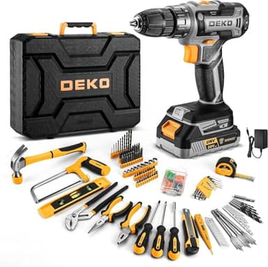 DEKO Caja Herramientas Completa con Destornillador Electrico/Taladro con bateria de 20V, Maletin de 186 Piezas, Caja profesional de herramientas Domésticas de Bricolaje para Oficinas y Jardín