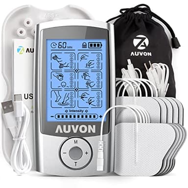 AUVON TENS Electroestimulador recargable con 24 programas, 2 canales y 10 Electrodos TENS con diseño patentado para aliviar el dolor muscular de en la espalda, el cuello y los hombros