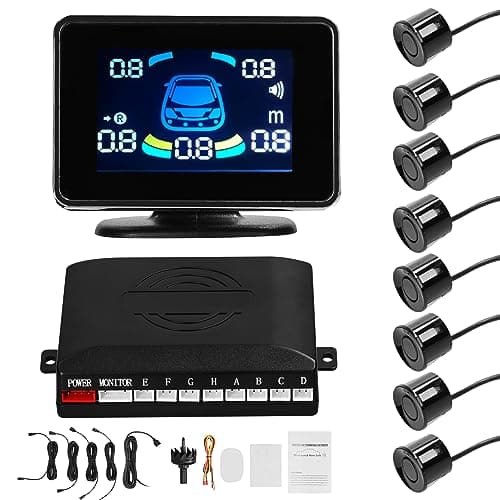 Shkalacar Sensores Aparcamiento Coche, Detector Radares para Coche, Parking Sensor con 8 Sensores, Pantalla LCD, Soporte Delantero y Trasero, Advertencia de Sonido/Zumbador/Silencio