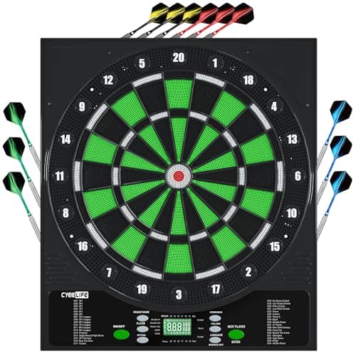 CyeeLife Diana Electrónica, Diana Electronica Profesional con 12 Dardos,24 Plumas,50 Puntas,2 Protectores de Plumas,34 Juegos 355 Variantes para 1 a 8 Jugadores,Adecuada para Fiestas de Juego