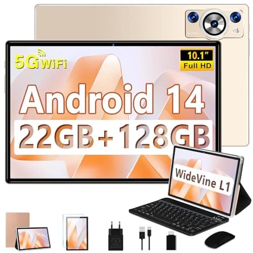 2025 Newest Tablet 10 Pulgadas Android 14, 22GB RAM+128GB ROM/TF 2TB, 8-Core 2.0 GHz, 8000mAh, 5G WiFi, Widevine L1, GMS Certificado, Bluetooth 5.0, Widgets, Tablet con Funda, Teclado y Ratón - Oro