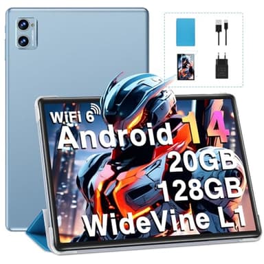 DEERTiME 2025 Tablet 10 Pulgadas Android 14 con 20GB RAM+128GB ROM/TF Ampliable a 2TB, Octa-Core, 5G+2.4G WiFi 6 | Widevine L1 | 8MP+5MP | BT 5.0 | Widgets | GMS Certificado Tablet con Funda - Azul