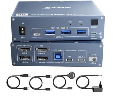 ESKEVE Conmutador KVM USB C HDMI 2 PC 2 Monitores Dual Monitor KVM Switch para Portátil y PC, USB 3.0 MST Dual 4K @ 60Hz, Type-C 60W Carga para Portátil, HDMI KVM Switch USB C con Mando a distancia