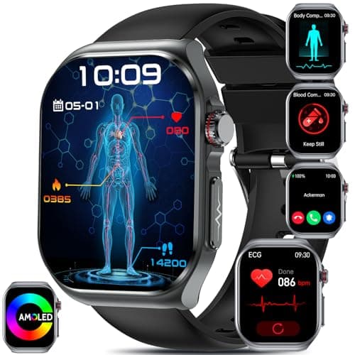 YYKY 2025 ECG Reloj Inteligente con 𝐆𝐥𝐮𝐜𝐞𝐦𝐢𝐚/Ácido Úrico/Lípidos, 2.04" AMOLED Smartwatch con BMI/Fatiga/Emociones, 24/7 Temperatura Corporal, Presión Arterial, Sueño para Android iOS