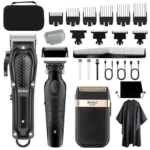 KEMEI Cortapelos profesional para hombres, inalámbrico completo de peluquería con cuchilla en T, kit completo de corte de pelo eléctrico con 9 guías, recargable por USB