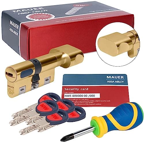 MAUER NW5 Bombin de Seguridad 31x31 Color Laton con Pomo + Destornillador, Cilindro Bombillo Reforzado Anti-Impresioning Anti-Rotura Anti-Bumping Anti-Taladro Leva Anti-Extracción Cerradura