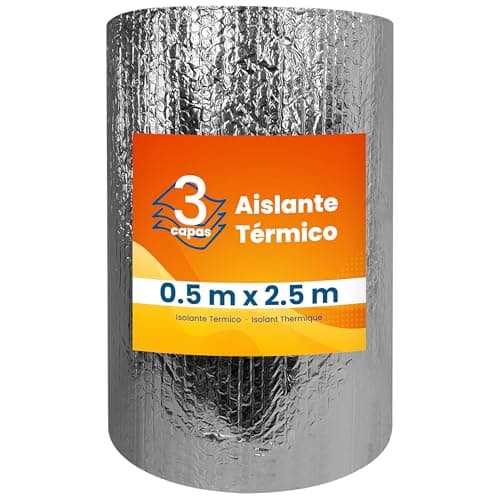 PILBELLES Aislante Térmico Reflexivo de Aluminio y Burbujas Triple Capa 0.5x2.5 m (1.25 m²) | Ventanas, Radiadores, Cajón Persianas, Puertas, Camper, Buhardilla, Uso Industrial, Viviendas