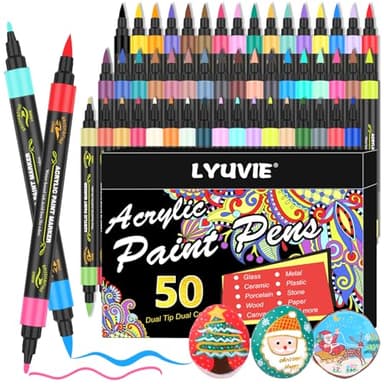 Lyuvie 100 Colores Rotuladores Acrilicos Set,50 Unid Rotuladores Doble Punta Fina & Pincel, Rotuladores Acrílicos Permanentes para Pintar Piedras Tela Madera Vidrio Papel Plástico