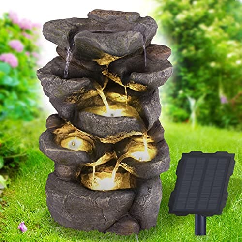 Fuente Solar de jardín Fuente Solar Fuente Decorativa Cascada Luz de jardín Bomba de Estanque para Patio, balcón, con Bomba Función de Inicio instantáneo con batería de Iones de Litio y luz LED