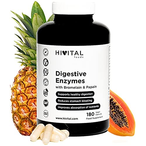 Enzimas Digestivas. 180 cápsulas veganas para 6 meses de tratamiento. Amilasa, Proteasa, Lactasa, Lipasa, Celulasa, Bromelina (Bromelaína) y Papaína. Fabricado en España por HIVITAL