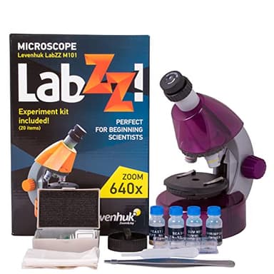 Levenhuk LabZZ M101 Amethyst 40x–640x Microscopio Didáctico para Niños y Principiantes con Kit Stem, Guía de Experimentos, Muestras Preparadas, Herramientas y Caja de Regalo, 5 Colores (EN)
