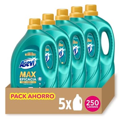 Asevi Detergente Líquido para Lavadora Max Eficacia - Detergente Hipoalergénico Concentrado para Ropa Blanca y de Color - Poder Quitamanchas para una Ropa Limpia y Fresca - Pack 5 x 50 Lavados