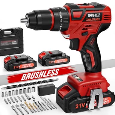 Taladro Percutor a Bateria, 21V Sin Escobillas Taladro Atornillador Batería con 2 Baterías, 60Nm Brushless Drill, 25+3 Ajuste de Par, 10mm Portabrocas, 2 Velocidad, LED Luz, Accesorios 30Pcs