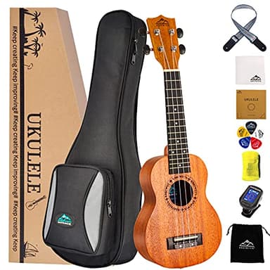 EASTROCK Ukelele para principiantes Kit de instrumentos de ukelele de madera de caoba de 21 pulgadas con bolsa, afinador, correa de ukelele, cuerda de carbono, paño de limpieza