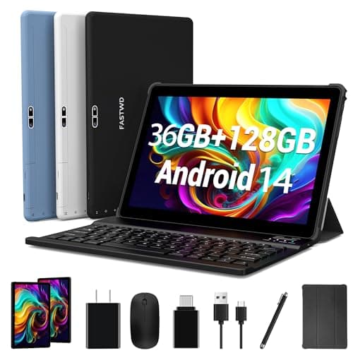 FASTWD Tablet 10 Pulgadas Android 14 Tableta,2025 Newest Tableta con 36GB RAM+128GB ROM,Tablet 5G WiFi,GPS,8000mAh,Tablet con Teclado y Raton y Funda,Gris