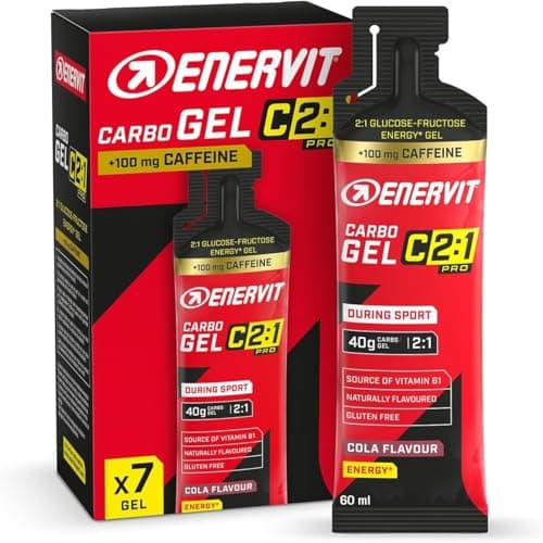 ENERVIT Carbo Gel C2:1PRO con Cafeína, Gel Energético para Deportes Intensos, 40g de Carbohidratos, Cero Grasas, Sin Gluten, Sabor Cola, Vitamina B1, Fórmula Innovadora, Paquete de 7