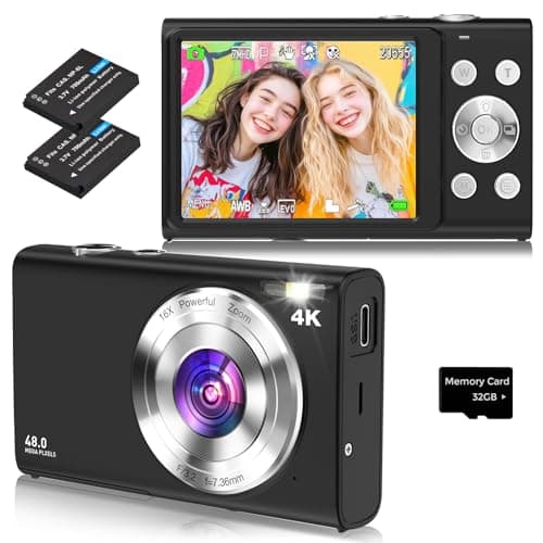Cámara Digital Compacta con Tarjeta 32GB, 48MP 4K Autofocus Cámara Digital con Pantalla Grande de 2.8", Zoom Digital 16X, Mini cámara portátil para Adultos, Principiantes (Negro)