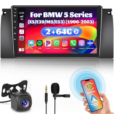 Inefala 2+64G Android CarPlay Radio para BMW 5 Series (X5/E39/M5/E53) 1996-2003, Pantalla Táctil de 9 Pulgadas con CarPlay y Android Auto, Soporte Navegación GPS Mirror Link Bluetooth RDS AHD WiFi DSP