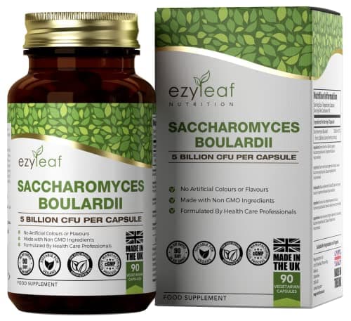 Ezyleaf Saccharomyces Boulardii [5 Mil Millones de UFC] | 90 Cápsulas Veganas | Suplemento Probiótico | Probiótico S Boulardii con Rellenos Limpios | Sin OMG, Gluten ni Alérgenos | Hecho en el RU