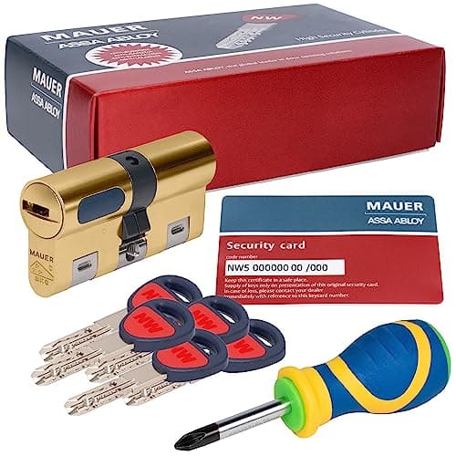 MAUER NW5 Bombin de Seguridad 31x41 DOBLE EMBRAGUE Color Laton + Destornillador, Cilindro Bombillo Reforzado Anti-Impresioning Anti-Rotura Anti-Bumping Anti-Taladro Leva Anti-Extracción Cerradura