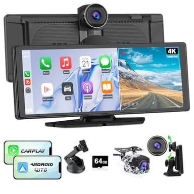 Hexinex Pantalla Carplay para Coche con CarPlay/Android Auto Inalámbrico, Pantalla Táctil de 10.26 Pulgadas Portátil con Dashcam 4K/Cámara Trasera de HD 1080P/Control por Voz/Bluetooth/Mirror Link