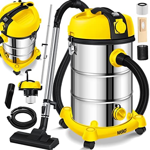MASKO® Aspirador industrial, aspirador en seco y húmedo, acero inoxidable 2300W + enchufe función de soplado aspirador en seco y húmedo | Aspirador industrial con y sin bolsa, amarillo