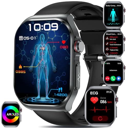 YYKY 2025 ECG+HRV Reloj Inteligente con 𝐆𝐥𝐮𝐜𝐞𝐦𝐢𝐚/BMI/Ácido Úrico/Lípidos, 2.04" AMOLED Smartwatch con Fatiga/Emociones, 24/7 Presión Arterial, SpO2, PPG, Sueño para Android iOS