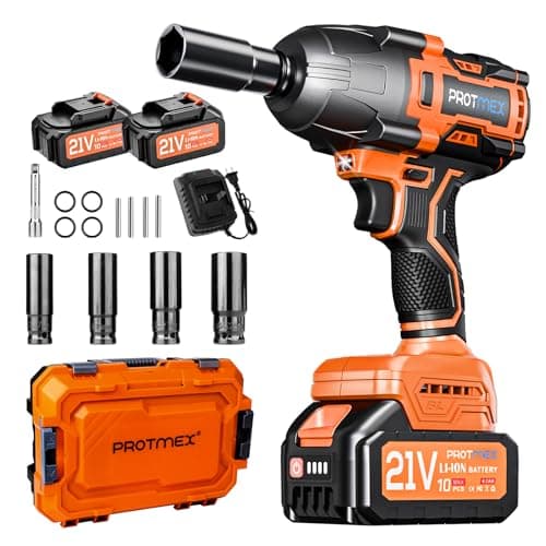 Protmex Llave de impacto inalámbrica sin escobillas,2x4,0 Ah 21V Pistola de Impacto Baterías，par máximo de 1200 N.m,1/2"llave de impacto con 1 destornillador，para Automoción Doméstica
