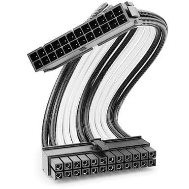 deleyCON 24 Pines ATX Cable de Fuente de Alimentación Extensión 30 cm - 18 AWG PSU Placa Base PC Ordenador Fuente de Alimentación Nylon Macho a Hembra - Negro Blanco