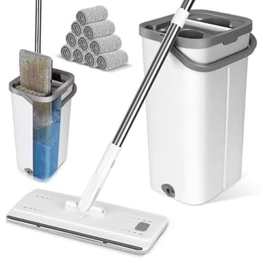 Myiosus Juego de Fregona con Cubo, Trapeador de Piso Plano con Cubo de Función Escurridor para Madera Dura Laminado Azulejos Limpieza de Suelo, Enviar 10 Almohadillas de Microfibra