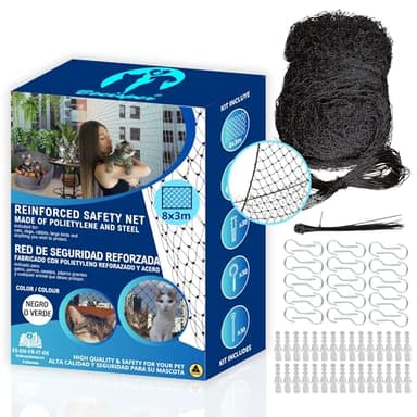 BECISPER - Red para Gatos Reforzada Extra Grande 8x3m - Red para Gatos terraza - Red Gatos Ventanas - Red Gatos Seguridad - Red Balcon Gatos - Red Seguridad niños - Red protección Gatos. (Negro)
